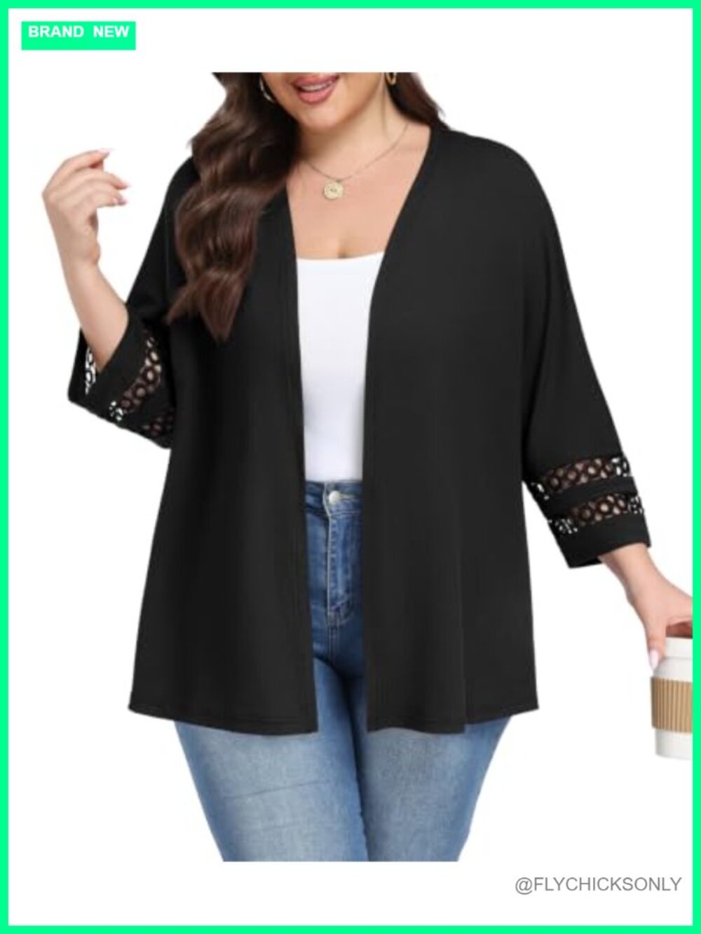Plus Size Open Front 3/4 Sleeve Cardigan Lightweight Knit Sweater